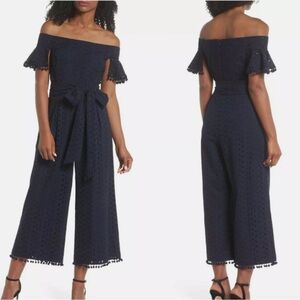 Chelsea 28 Navy Eyelet Off-Shoulder Jumpsuit